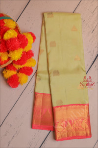 pistha-green-colour-body-with-golden-zari-annam-and-temple-zari-butta-with-contrast-blouse