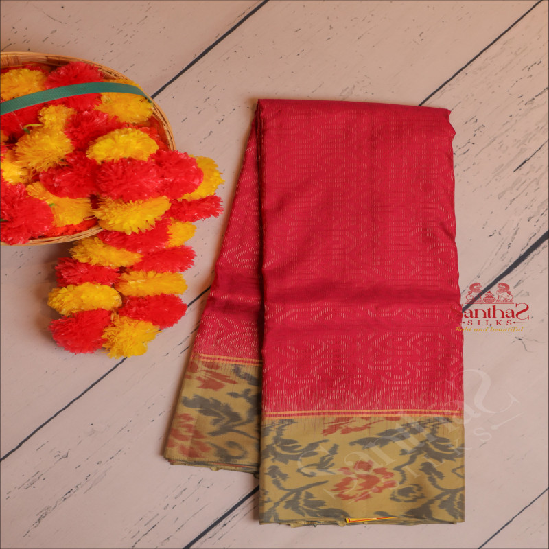 DARK PINK COLOUR BODY WITH GOLDEN ZARI EMBOSED WITH CONTRAST BLOUSE & BORDER