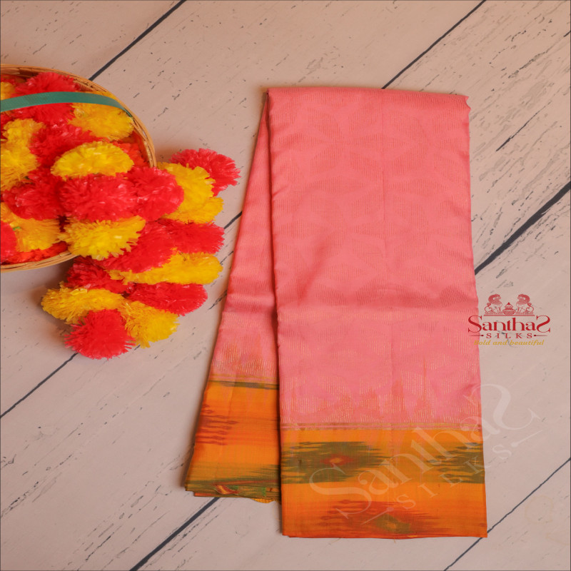 BABY PINK COLOUR BODY WITH GOLDEN ZARI EMBOSED WITH CONTRAST BLOUSE & BORDER
