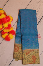 BLUE COLOUR BODY WITH GOLDEN ZARI EMBOSED WITH CONTRAST BLOUSE & BORDER