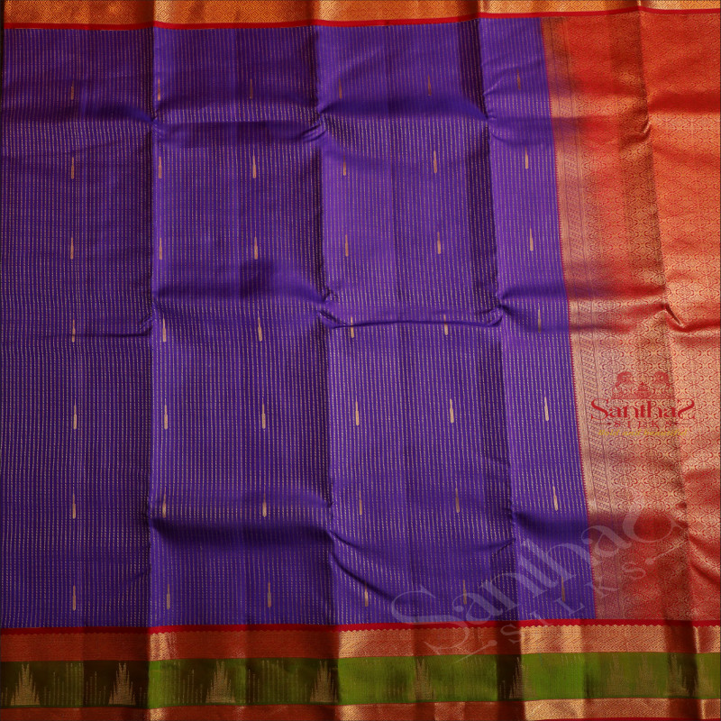 VIOLET COLOUR BODY WITH GOLDEN ZARI STRIPS & BUTTA AND CONTRAST PALLU & BLOUSE