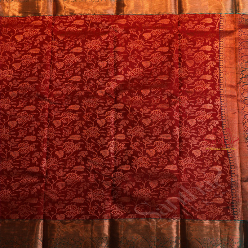 MAROON COLOUR BODY WITH JACQUARD FLORAL EMBOSED WITH CONTRAST BLOUSE & BORDER
