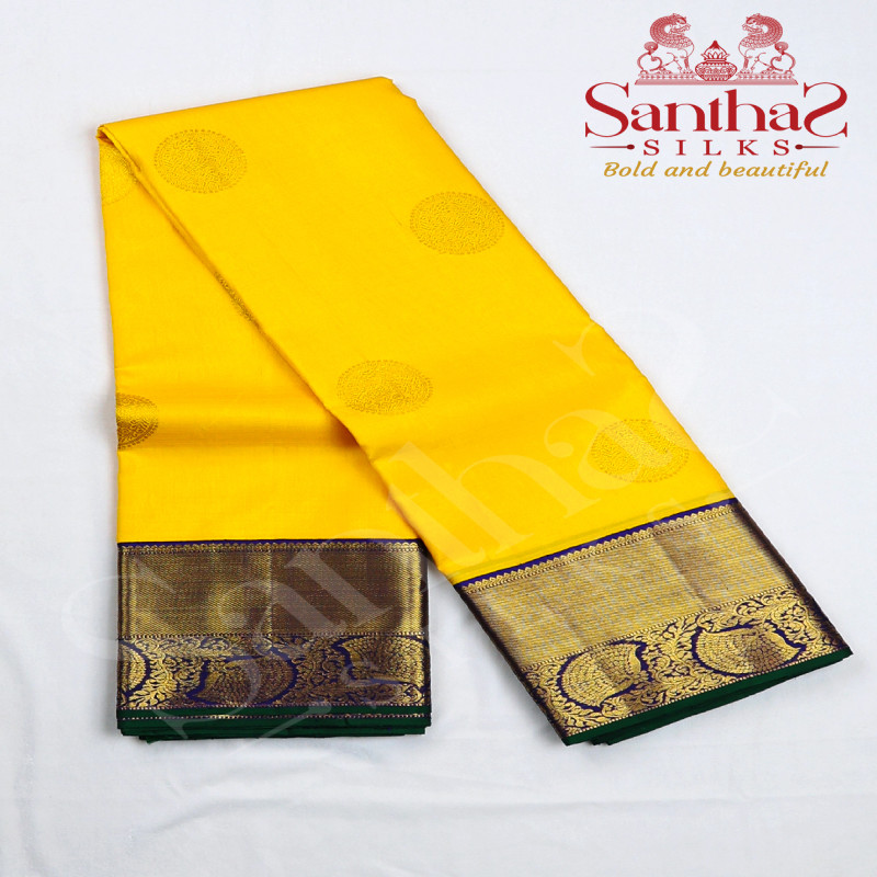 Yellow Color Pure Silk Saree with Contrast Jamun Color Korvai Border