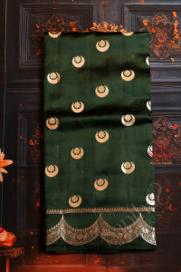 chiniya-saree-in-dark-green-colour-with-silver-zari-butta-and-contrast-colour-pallu-blouse