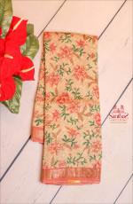 SANDAL COLOUR CHANDHERI SAREE WITH FLORAL PRINT WITH CONTRAST BLOUSE