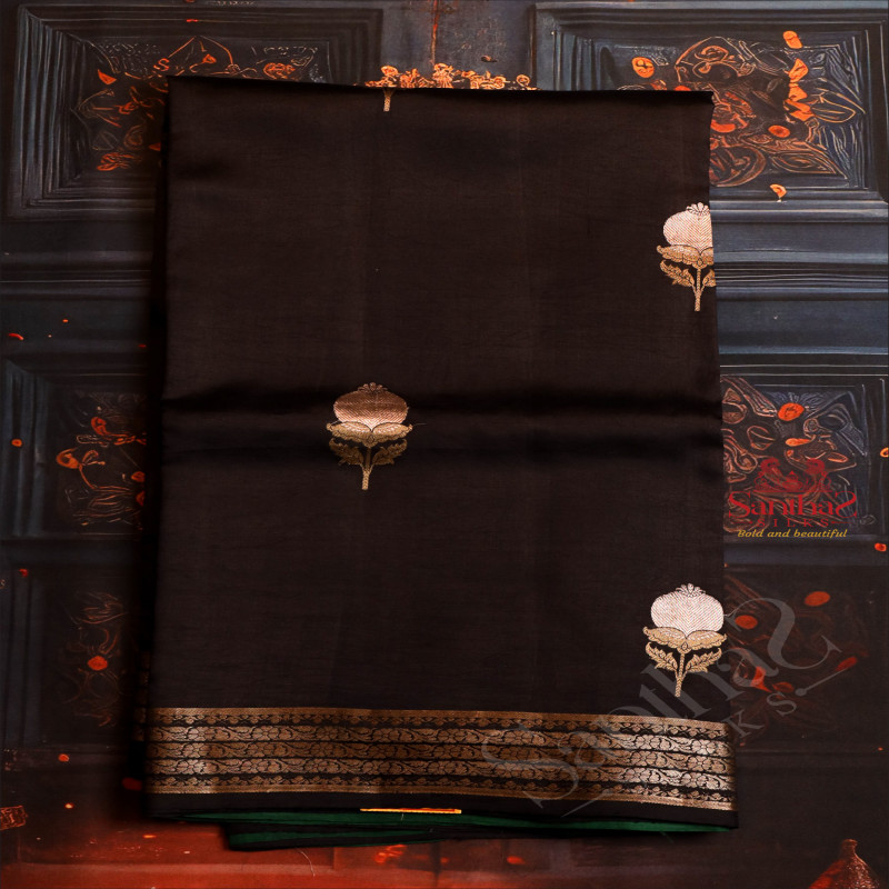 BLACK COLOUR RAW MANGO SAREE WITH ZARI BUTTA WITH CONTRAST BLOUSE