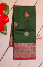 BOTTLE GREEN COLOUR RAW SILK SAREE WITH GOLDEN ZARI FLORAL BUTTA WITH CONTRAST BLOUSE & BORDER