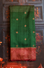 DARK GREEN COLOUR RAW SILK SAREE BODY WITH BITTAS & STRIPS AND CONTRAST PALLU & BLOUSE