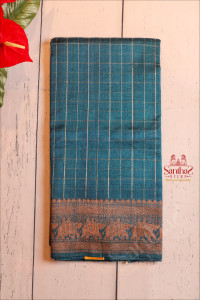 dark-teal-blue-colour-raw-silk-checked-saree-with-self-blouse-border