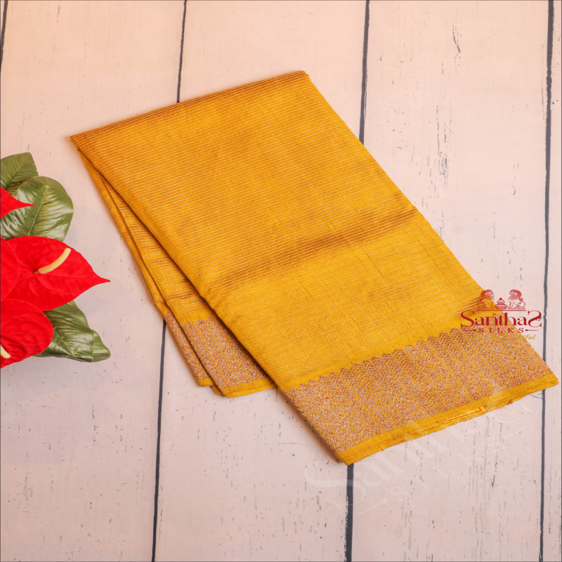 MUSTARD YELLOW COLOUR RAW SILK SAREE BODY WITH GOLDEN ZARI STRIPS AND SELF COLOUR PALLU & BLOUSE