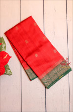 VENETIAN RED COLOUR RAW SILK SAREE BODY WITH GOLDEN ZARI BUTTAS AND CONTRAST COLOUR PALLU & BLOUSE