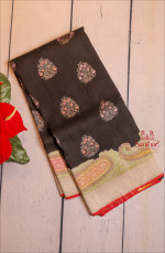 BLACK COLOUR BANARASI SAREE BODY WITH MULTI COLOUR THREAD WORK DESIGN AND CONTRAST PALLU & BLOUSE