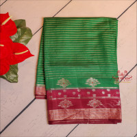 forest-green-colour-chinaya-saree-with-golden-zari-strips-butta-and-contrast-colour-pallu-blouse