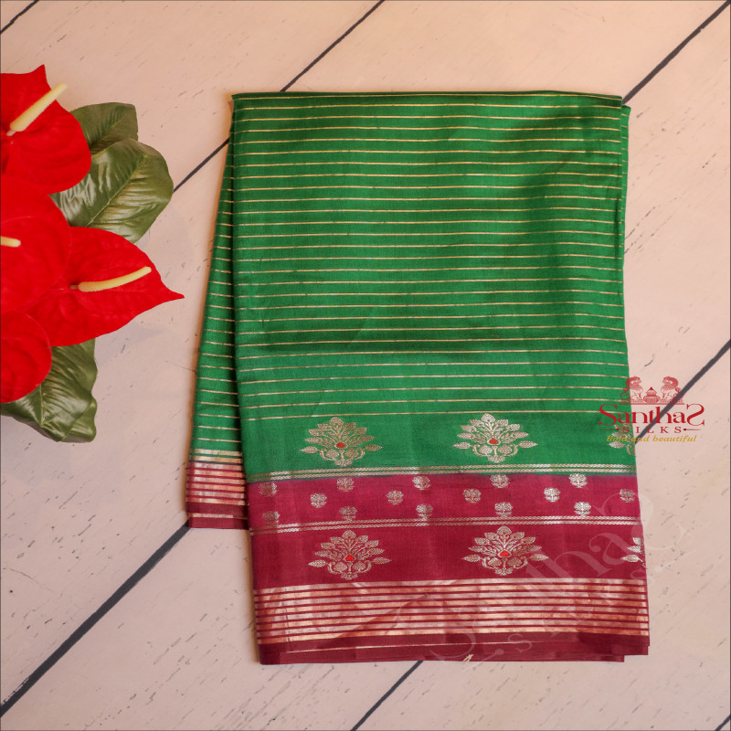 FOREST GREEN COLOUR CHINAYA SAREE WITH GOLDEN ZARI STRIPS & BUTTA AND CONTRAST COLOUR PALLU & BLOUSE