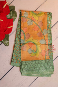 green-colour-tussar-saree-with-cut-work-and-kalamkari-print-with-contrast-blouse