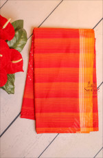 BLOOD RED COLOUR COTTON SAREE BODY WITH STRIPS AND SELF COLOUR PALLU WITH WHITE THREAD BUTTAS & BLOUSE