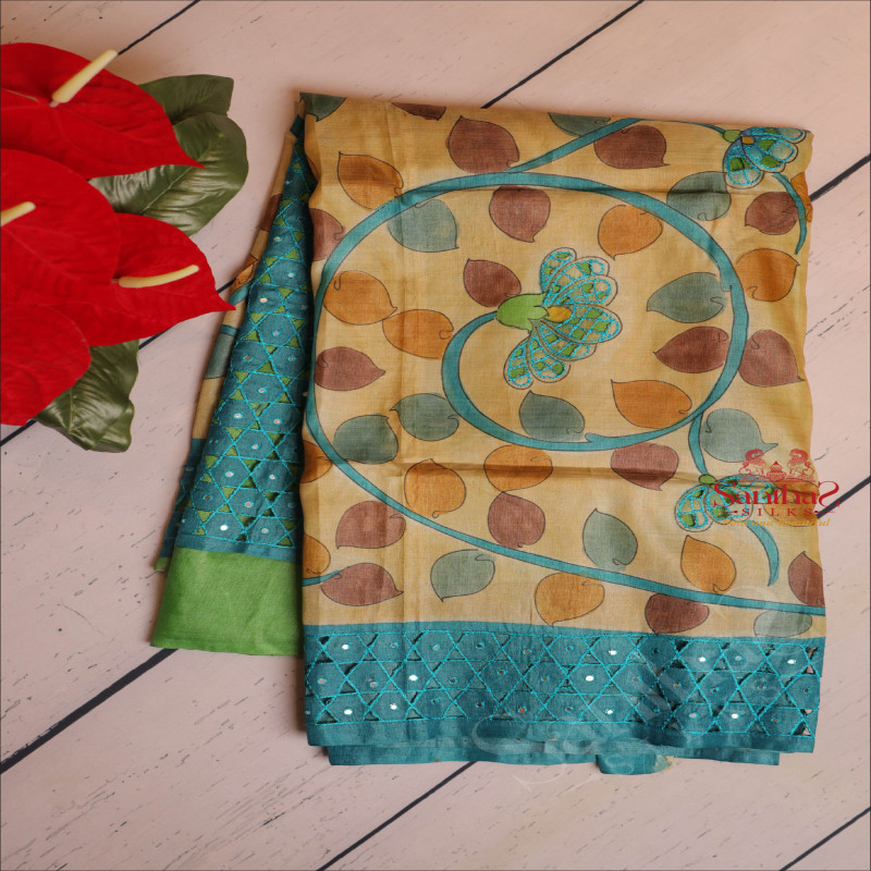 BLUE COLOUR TUSSAR SAREE WITH CUT WORK AND KALAMKARI PRINT WITH CONTRAST PRINTED BLOUSE
