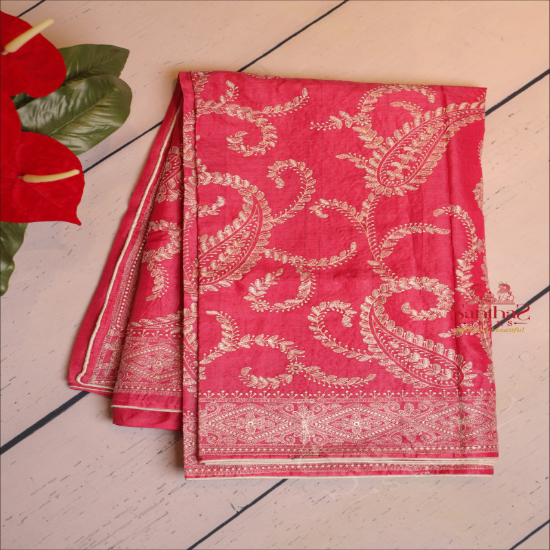 FUSCIA PINK COLOUR TASSAR WORK SAREE WITH CHIKANKARI WORK AND SELF COLOUR PALLU WITH CHIKANKARI WORK & BLOUSE
