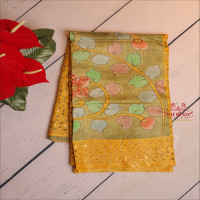 mustard-yellow-colour-tussar-saree-with-kalamkari-print-with-contrast-blouse