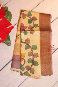 camel-brown-colour-tussar-saree-with-kalamkari-print-with-self-blouse