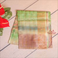 pistachio-green-colour-tussar-checked-saree-with-hand-paint-with-painted-blouse