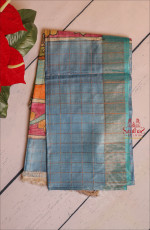 SPRUCE BLUE COLOUR TUSSAR SAREE CHECKED WITH KALAMKARI PRINT WITH SELF BLOUSE