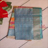 spruce-blue-colour-tussar-saree-checked-with-kalamkari-print-with-self-blouse