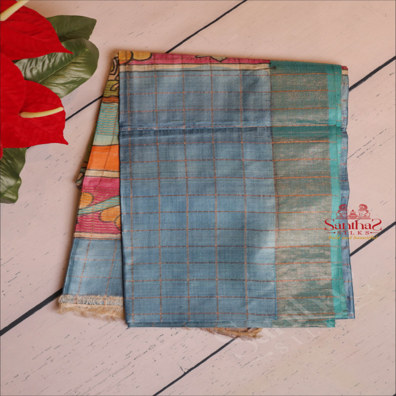 SPRUCE BLUE COLOUR TUSSAR SAREE CHECKED WITH KALAMKARI PRINT WITH SELF BLOUSE