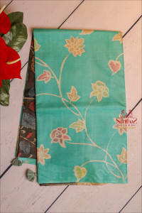 turquoise-blue-colour-tussar-hand-painted-saree-with-contrast-blouse-pallu