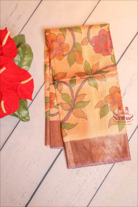 peach-colour-tussar-saree-with-kalamkari-print-with-self-blouse