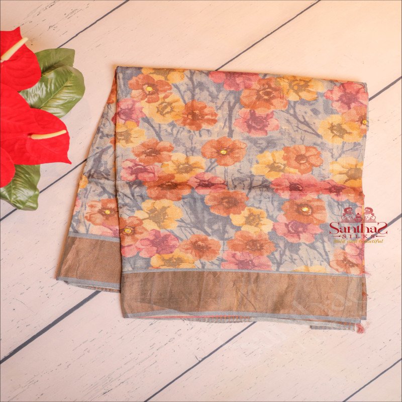 SLATE BLUE COLOUR TUSSAR SAREE WITH PRINTED FLORAL PATTERN WITH CONTRAST BLOUSE