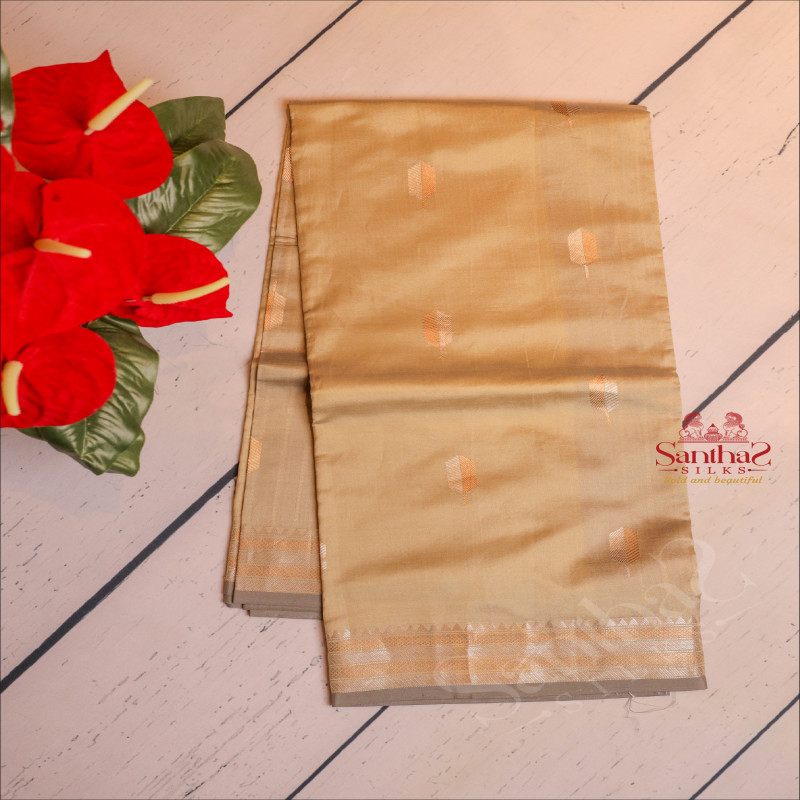  PASTEL SILVER COLOUR BANARAS SILK WITH SILVER & ROSEGOLD ZARI MOTIFS AND CONTRAST COLOUR PALLU & BLOUSE