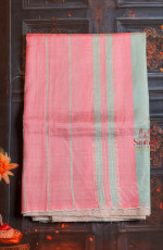 MANGALAGIRI COTTON ROSEMILK COLOUR BODY WITH STRIPS AND CONTRAST COLOUR PALLU & WORK BLOUSE