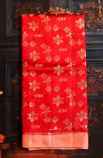  RED COLOUR RAW MANGO SAREE SILVER ZARI BUTTA WITH CONTRAST BLOUSE & BORDER