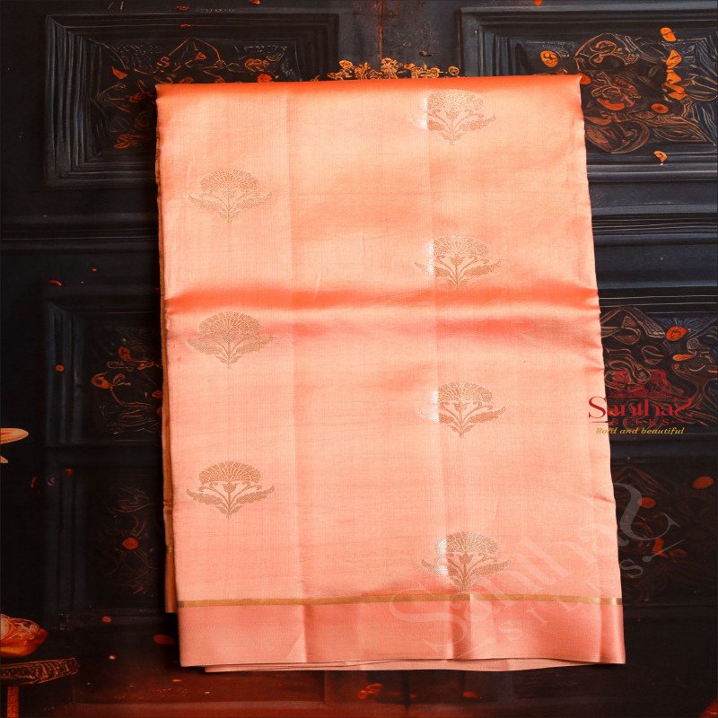  PEACH COLOUR CHINAYA SAREE WITH GOLDEN ZARI BUTTA WITH SELF BLOUSE