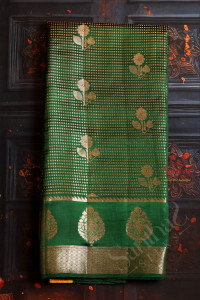 chiniya-saree-in-forest-green-colour-with-small-square-buttas-flower-motifs-and-self-colour-pallu-blouse