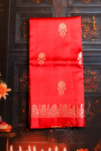 chiniya-saree-in-blood-red-colour-with-zari-floral-butta-with-contrast-blouse
