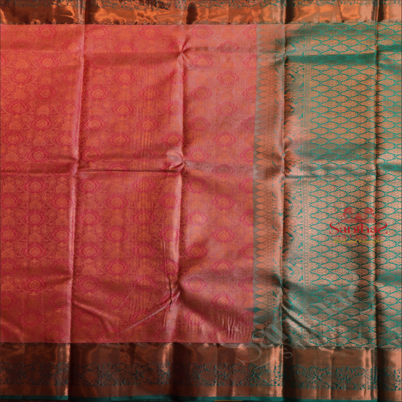 PINK COLOUR BODY WITH JACQUARD FLORAL EMBOSED WITH CONTRAST GREEN BLOUSE & BORDER