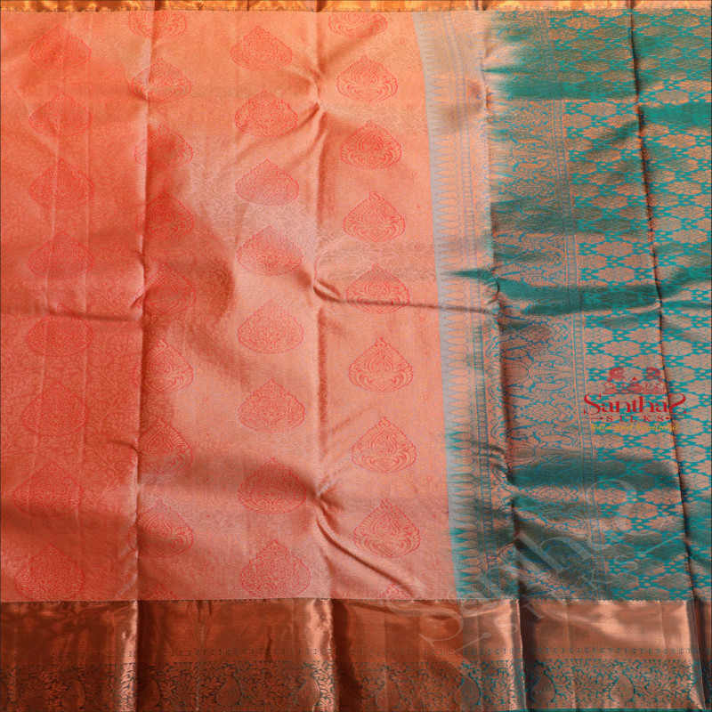 SAND PEACH COLOUR BODY WITH JACQUARD FLORAL EMBOSED WITH CONTRAST GREEN BLOUSE & BORDER