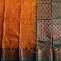 MUSTARD YELLOW COLOUR BODY WITH JACQUARD FLORAL EMBOSED WITH CONTRAST BLUE BLOUSE & BORDER