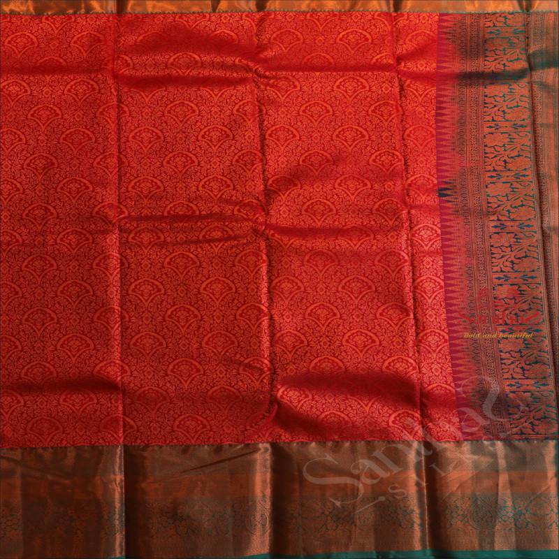 RED COLOUR BODY WITH JACQUARD FLORAL EMBOSED WITH CONTRAST GREEN BLOUSE & BORDER