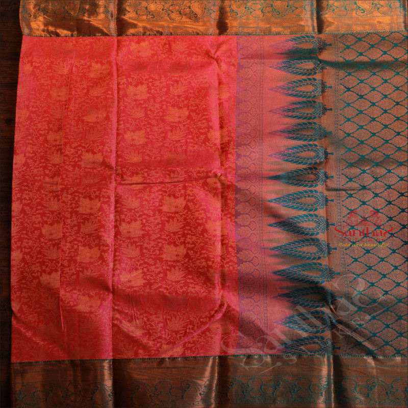 DARK PINK COLOUR BODY WITH JACQUARD FLORAL EMBOSED WITH CONTRAST BLOUSE & BLUE BORDER