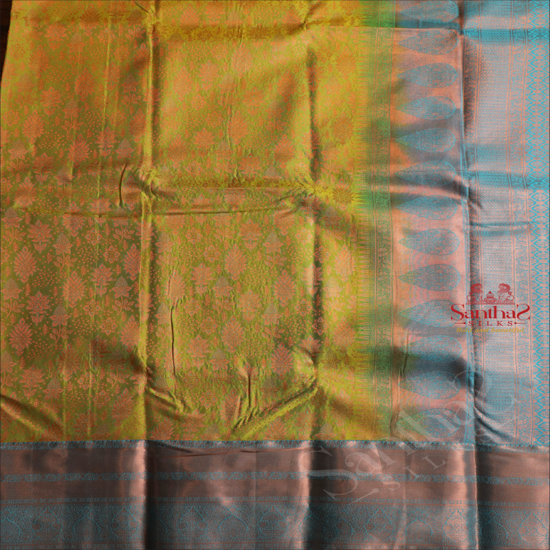 GREEN LIZARD COLOUR BODY WITH JACQUARD FLORAL EMBOSED WITH CONTRAST BLOUSE & BORDER