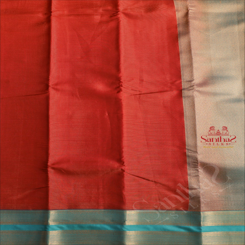 MAROON COLOUR BODY WITH GOLDEN ZARI STRIPS AND CONTRAST BLUE PALLU & BLOUSE