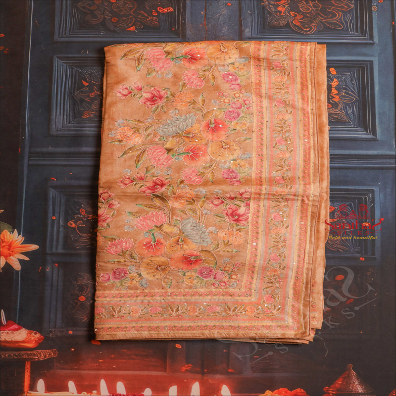 METALIC COPPER COLOUR TUSSAR DIGITAL PRINT SAREE