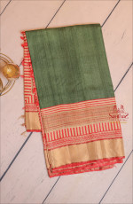 BOTTLE GREEN COLOUR TUSSAR SAREE WITH LONG CONTRAST BORDER & BLOUSE