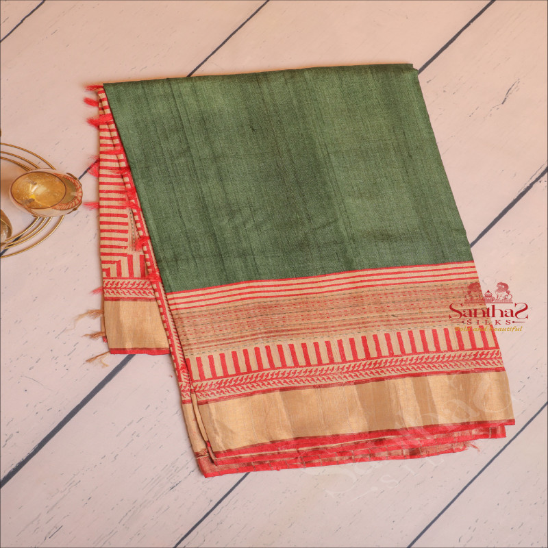 BOTTLE GREEN COLOUR TUSSAR SAREE WITH LONG CONTRAST BORDER & BLOUSE