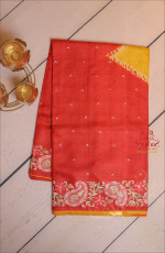 RED COLOUR TUSSAR SAREE WITH FLORAL EMBRODERY BUTTA WITH CONTRAST BLOUSE