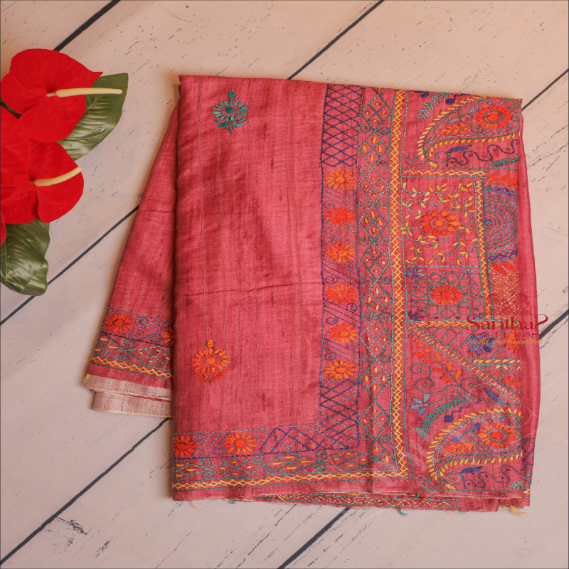 DARK PINK COLOUR SEMI TUSSAR SAREE WITH EMBROIDERY BORDER AND SELF BLOUSE