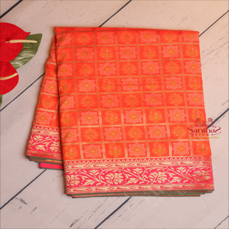 ORANGE COLOUR BANARASI CHECKED SAREE WITH ZARI MOTIF WITH CONTRAST BORDER & BLOUSE